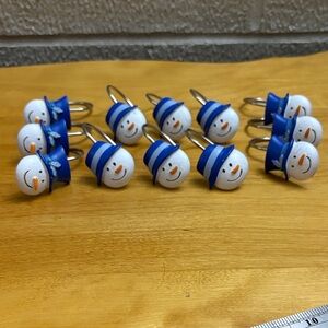 Snowman Shower Curtain Hooks Set of 12 Resin White/Blue Two matching designs EUC